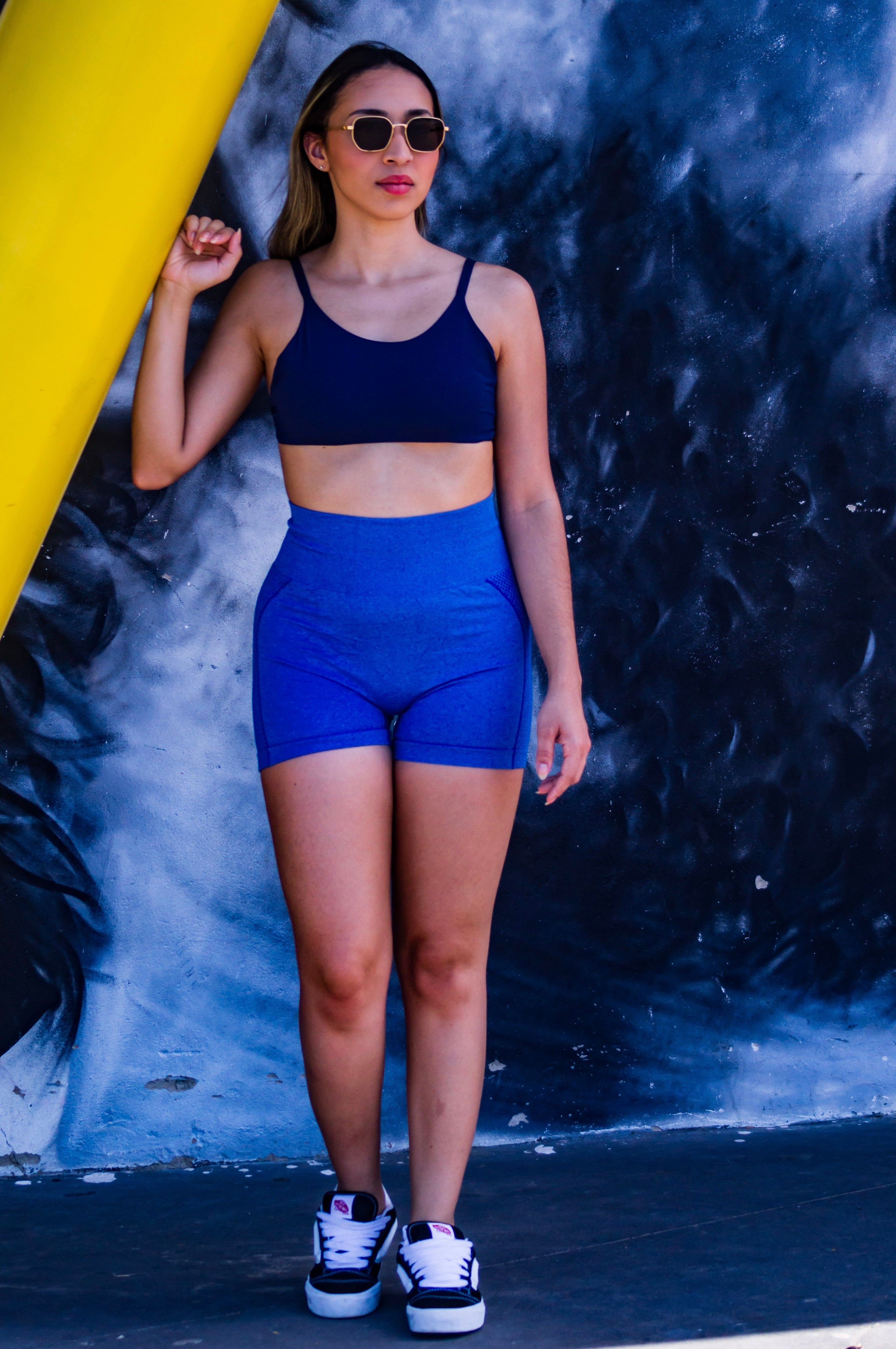 Short Empina Bumbum Azul Cós Alto Glow Power Feminino Fitness – Sem Transparência, Leve e Confortável