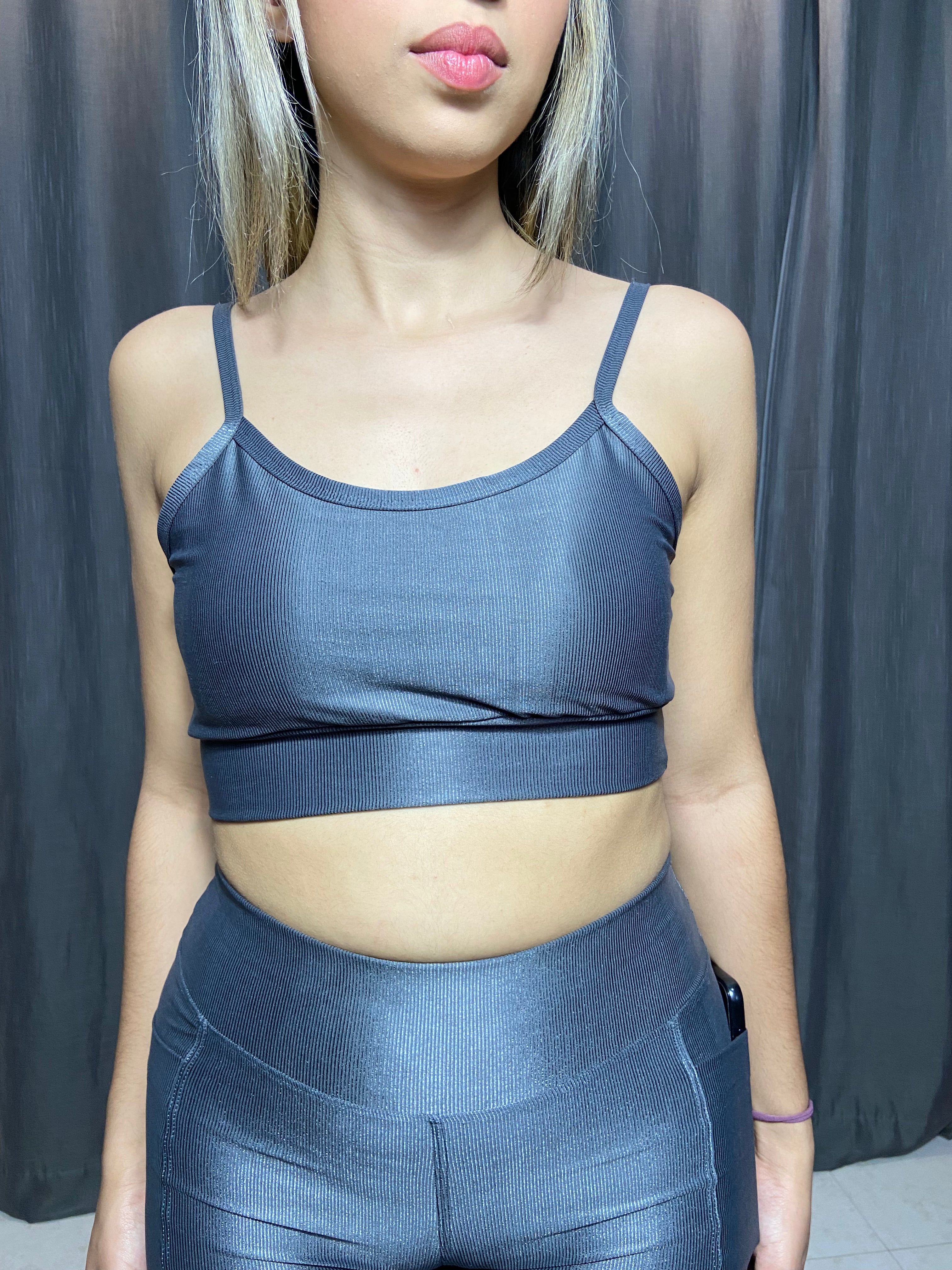 Top Fitness Canelado Glow Power Cinza – Alça Fina