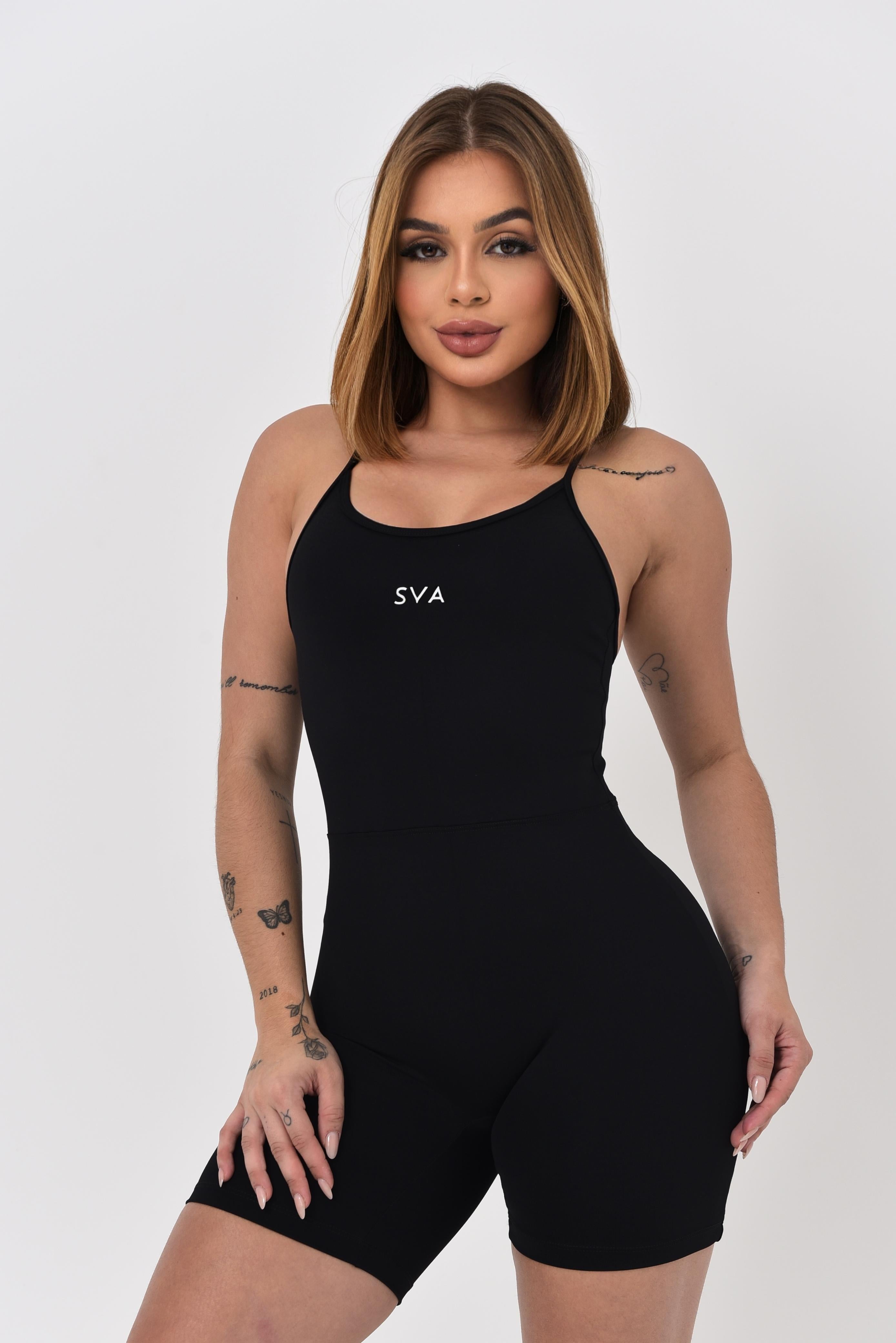 Macaquinho Fitness Paola Glow Power Preto – Alça Fina Regulável e Zero Transparência